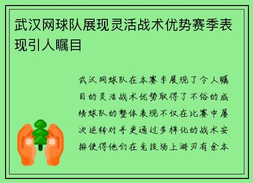 武汉网球队展现灵活战术优势赛季表现引人瞩目
